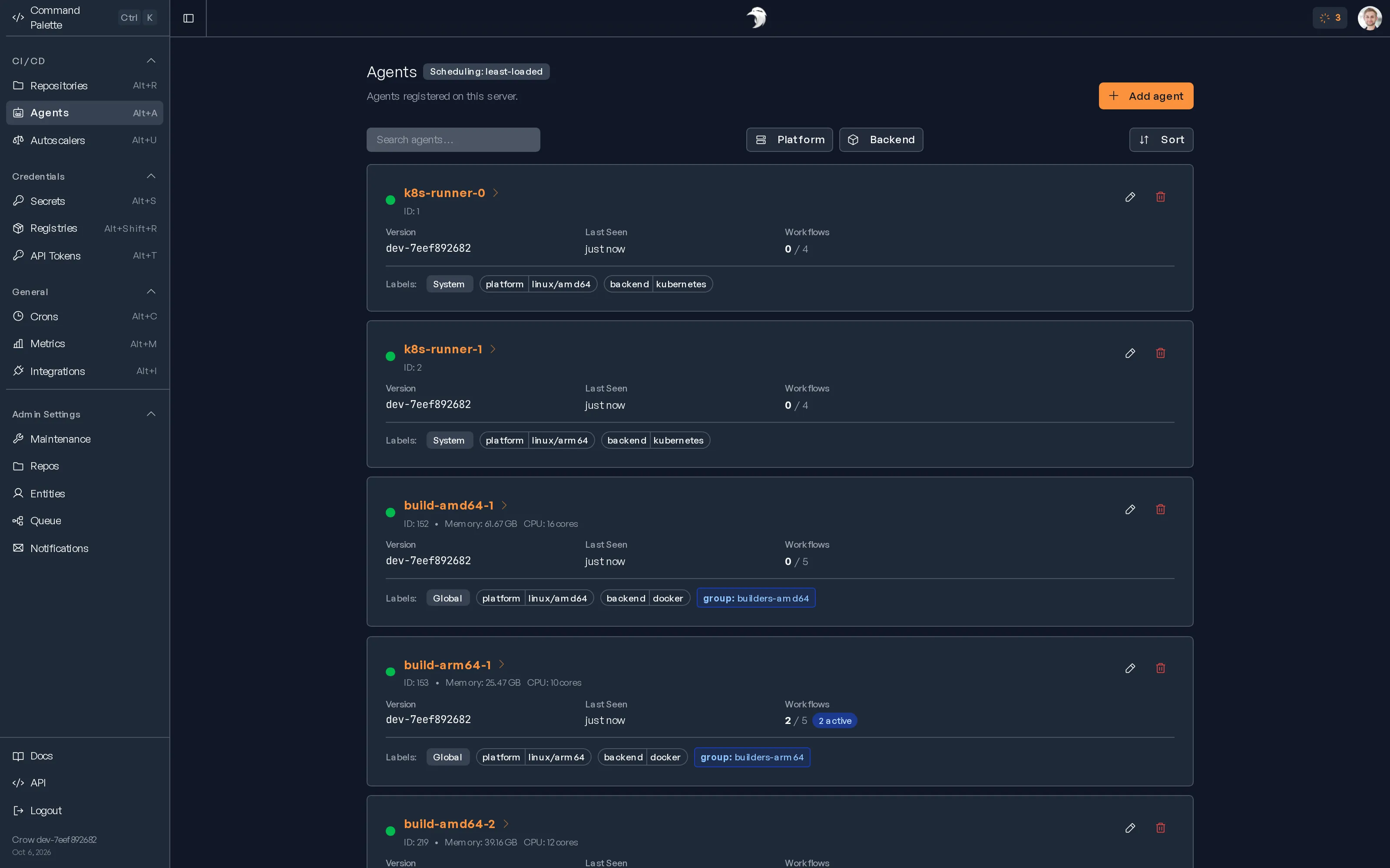 The Crow agent list with labels, versions and workflow capacity