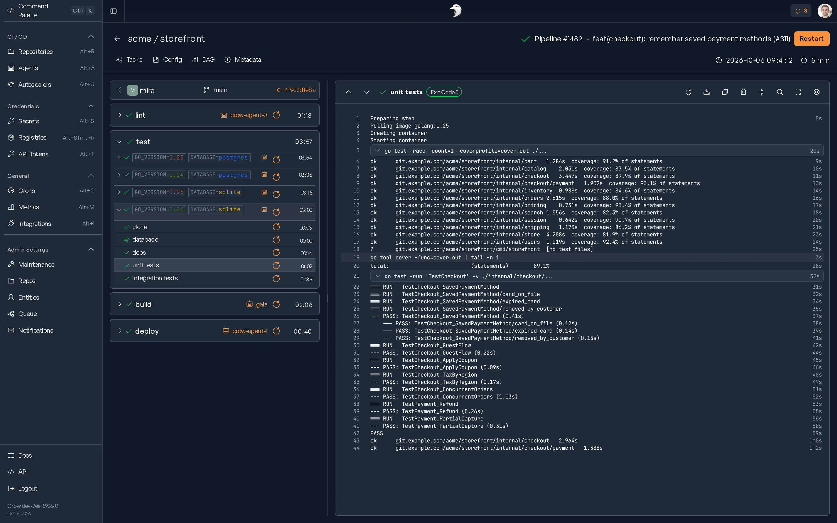 A Crow pipeline with workflows, steps and the log of the selected step