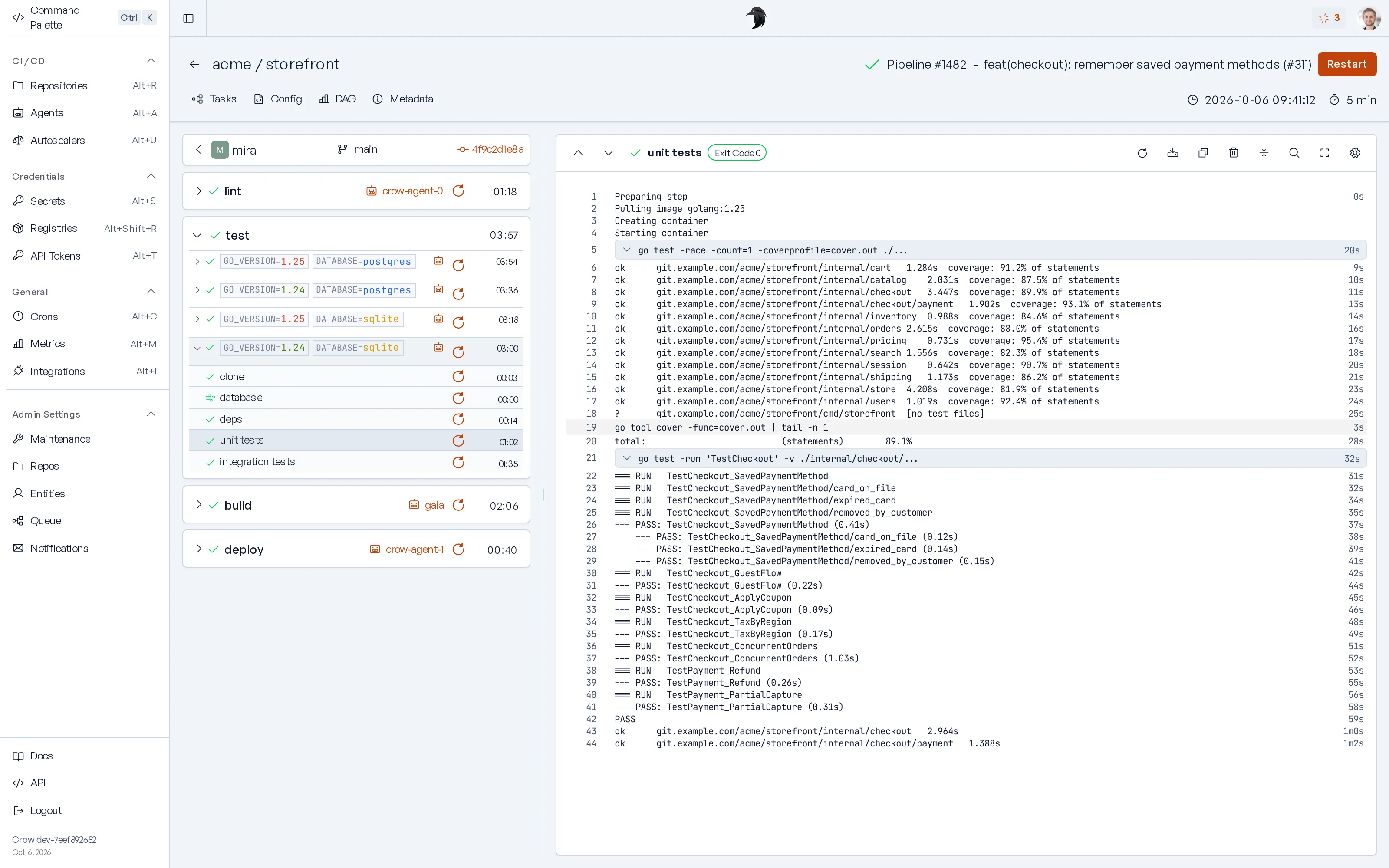 A Crow pipeline with workflows, steps and the log of the selected step